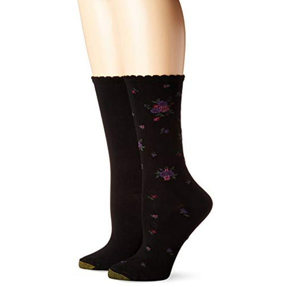 Gold Toe Women's Little Black Bouquet Flat Knit Crew Socks, 2 Pairs, Shoe Size: 6-9