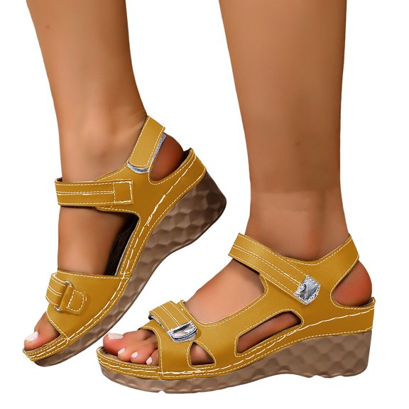Wedge Sandals for Women Open Toe Platform Beach Shoes with Hook and Loop Summer Casual Slingback Heels Yellow Size 6