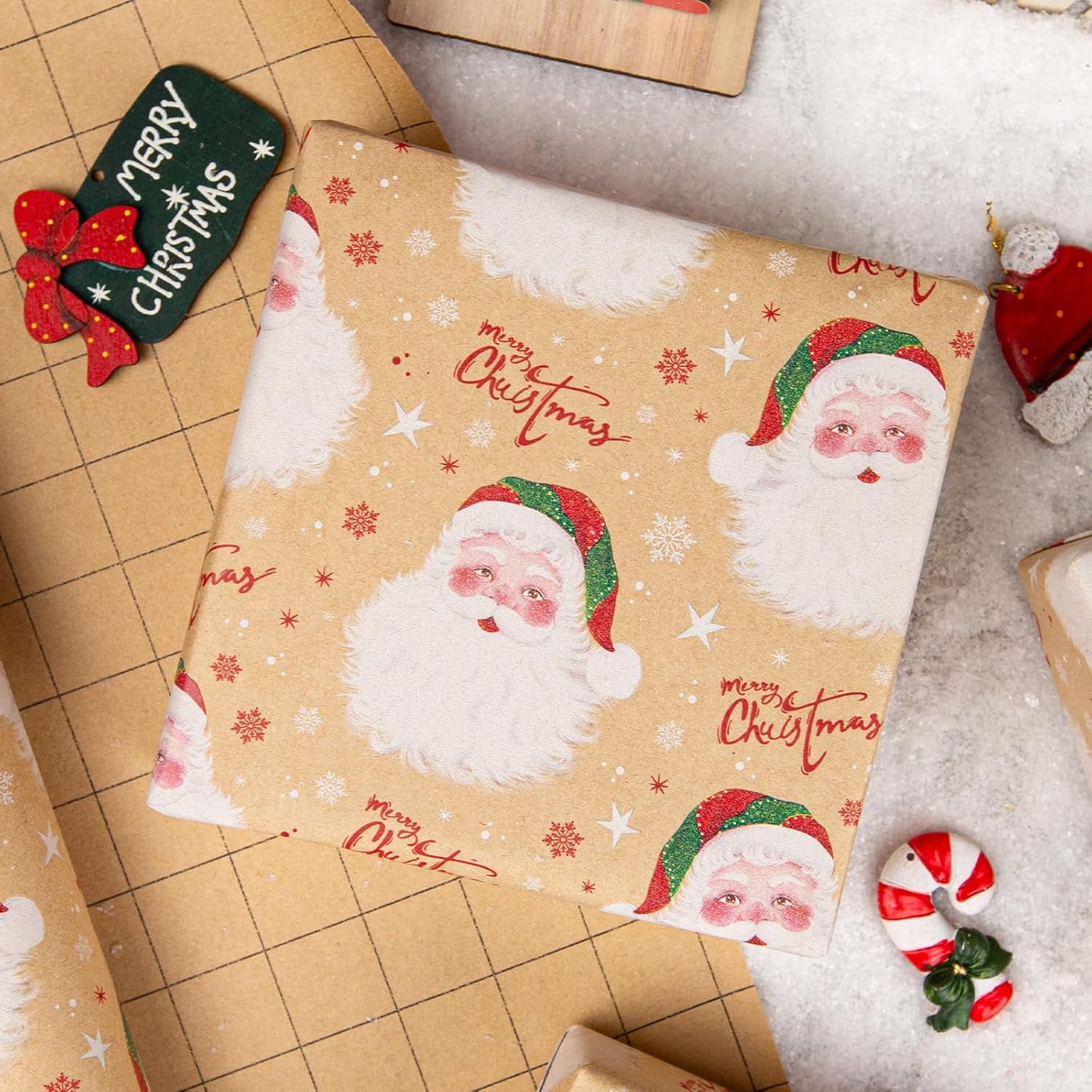 Christmas Wrapping Paper, Brown Kraft Santa Claus Design Gift Wrapping Paper Suitable for Christmas, Mini Roll (17 Inch X 32.8 Feet)