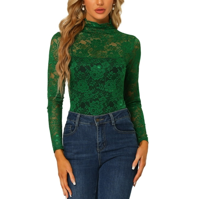 INSPIRE CHIC Chemisier Haut en Dentelle Florale Transparente à Col Roulé à Manches Longues Transparent pour Femme P Vert Foncé