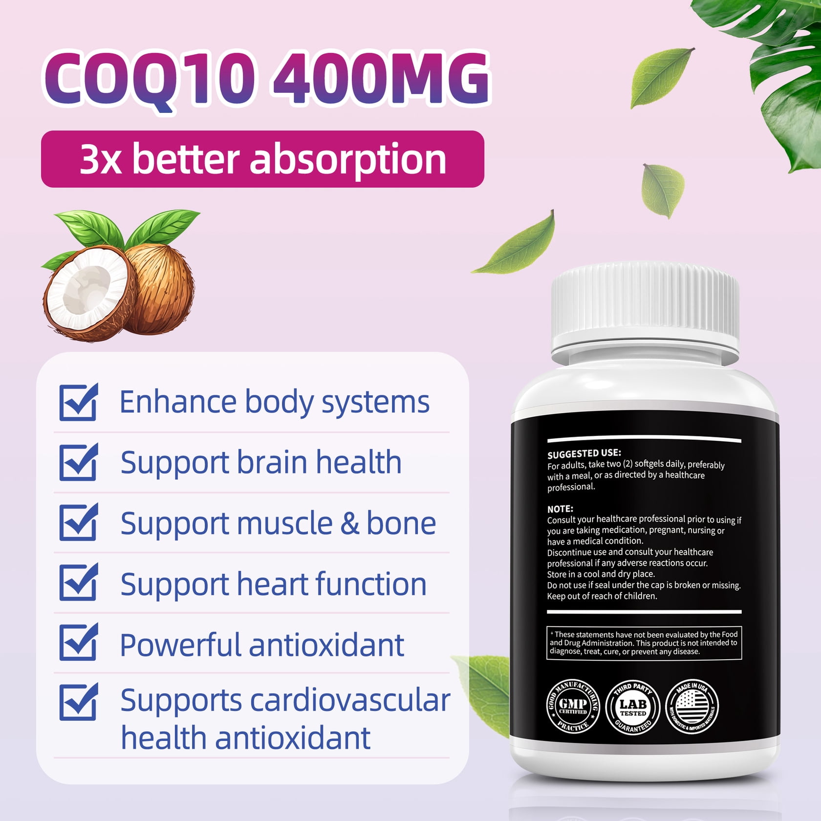 2 Pack CoQ10 400mg Supplements, Supports Cardiovascular Health & Antioxidant，180 Softgels，Made in USA