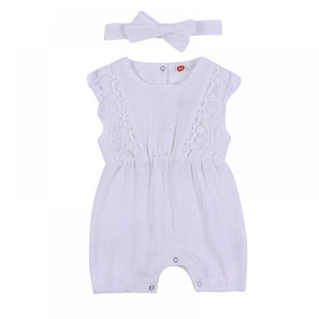 

GYRATEDREAM Summer Newborn Girls Rompers Set Flare Sleeve Solid Print Lace Bodysuit Jumpsuit With Headband White 6-12 Months