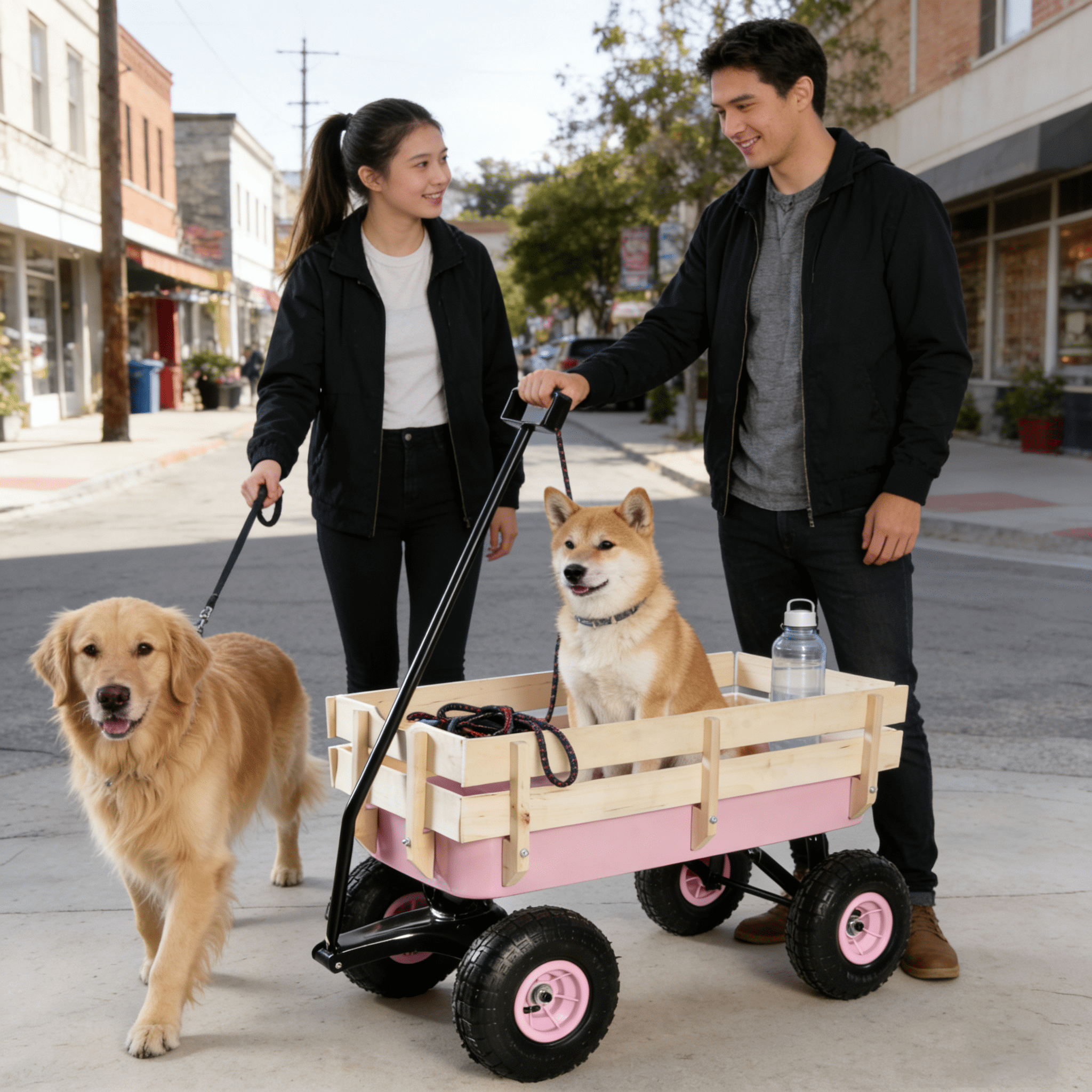 Outdoor Wagon All Terrain Garden Cart Wood Railing 10 Inch Pneumatic Air Tires 176 LBS Load Capacity Iron Frame Foldable Handle For Yard Garden Lawn Hauling
