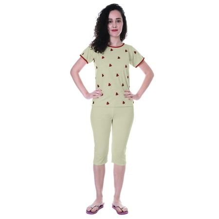 

Moomaya Nightwear Set Watermelon Embroidered Capri T-shirt 2 Pcs Set Sleepwear