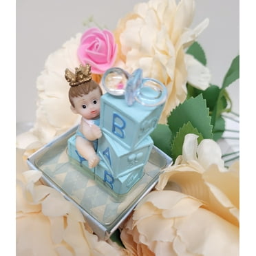 Cute Baby Keepsake Sitting on Blocks with Pacifier Poly Resin in Gift Box  (Teal)