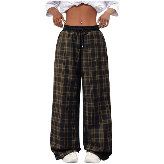 Women's Pants, Women's Plaid Checkered Pants High Waisted Wide Leg Baggy Sweatpants Elastic Waist Lounge Trousers with Pockets Dark Gray XXXXL