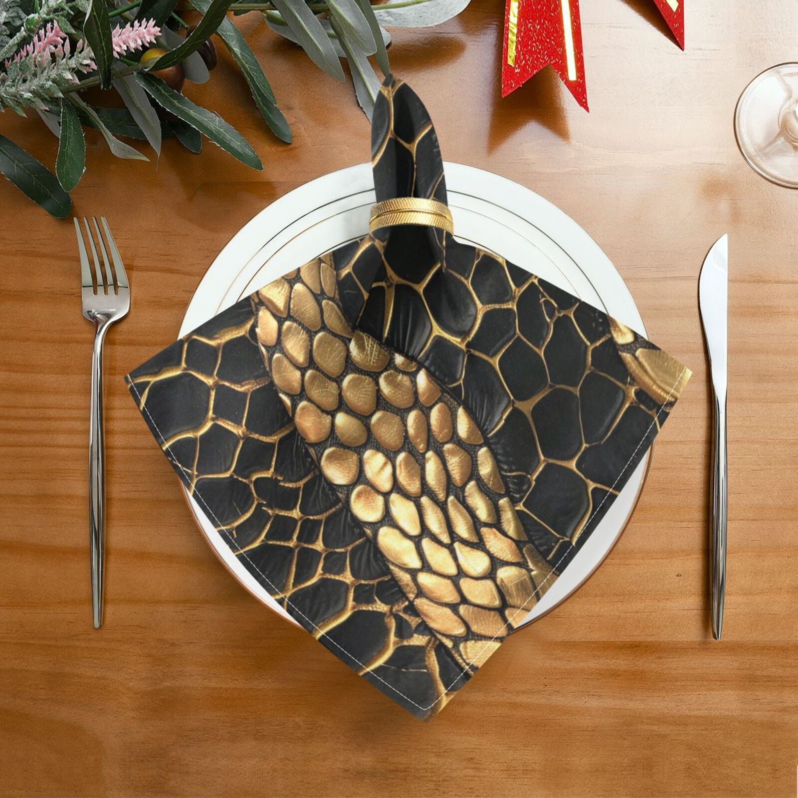 JSTEL Golden Snake Skin Print Cloth Napkins Set of 6, 20x20 Inch Washable and Reusable Napkin for Decoupage Dinner Party Everyday Use