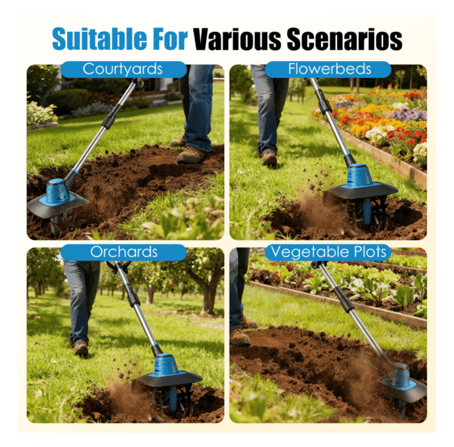 Cordless Tiller Cultivator 800W Electric Soil Tiller, 21V Battery Powered Handheld Garden Cultivator with 6.69" Depth, for Yard Planting Weed Removal