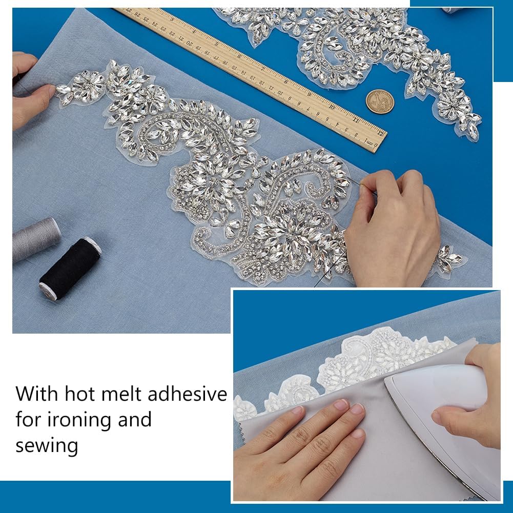 1 Pair Rhinestones Clothing Applique Iron on/Sew on Glass Rhinestone Embroidery Fabric Patch Handmade Silver Flower Rhinestones Patches