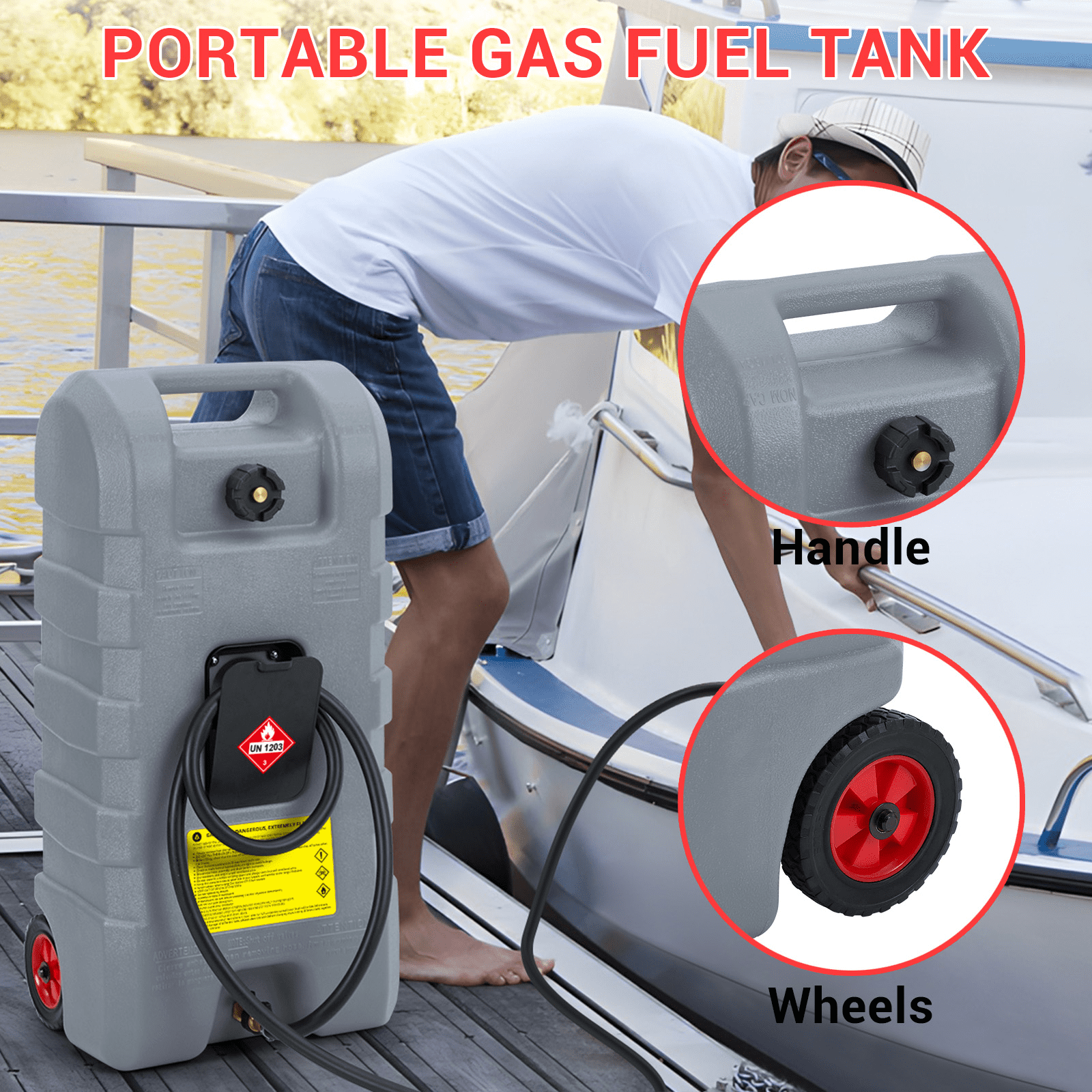 JoanKaren Industrial Portable Fuel Tank 15 Gallon Container Caddy Tank with 10-Foot Hose,Wheeled Utility Transfer Tank,Grey