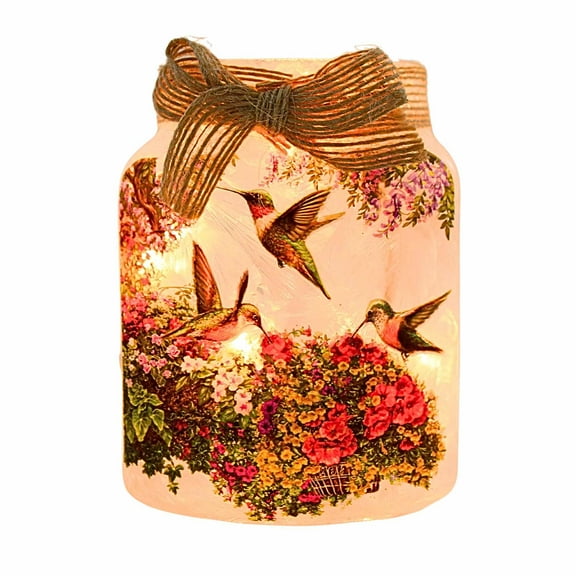 Stony Creek Floral Hummers Lit Jar W/Bow Electric  Hummingbird Ghm2272 Coral