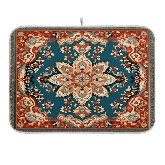 Dish Drying Mat Kitchen Counter Red Mandala Dishes Drainer Pad Absorbent Microfiber Reversible 16"x18"
