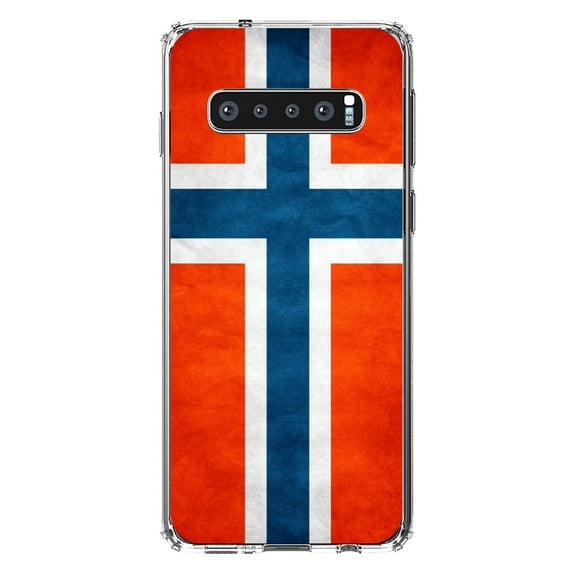 DistinctInk Clear Shockproof Hybrid Case for Samsung Galaxy S10 (6.1" Screen) - TPU Bumper, Acrylic Back, Tempered Glass Screen Protector - Norway Old Flag Red White Blue - Norway