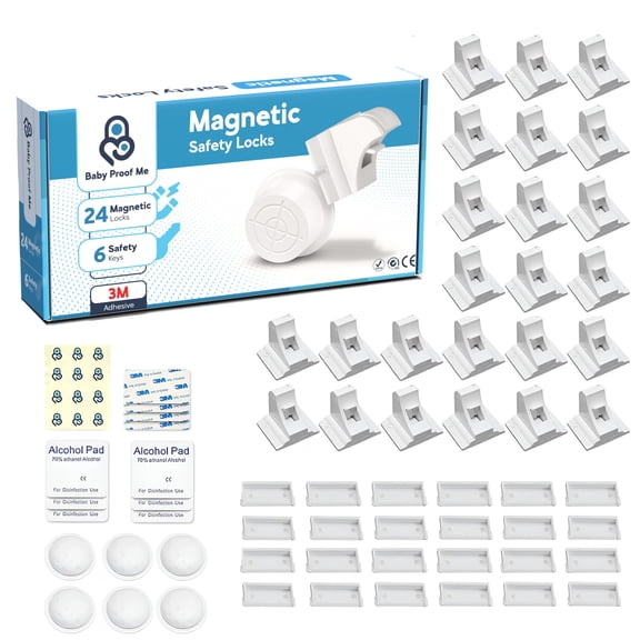 Open Box Baby Proof Me Magnetic Cabinet Safety Locks Kit, 24 White Locks, 6 Magnetic Keys, No-Drill Adhesive, Hidden Childproof Cabinet Locks BPM-MSLK024