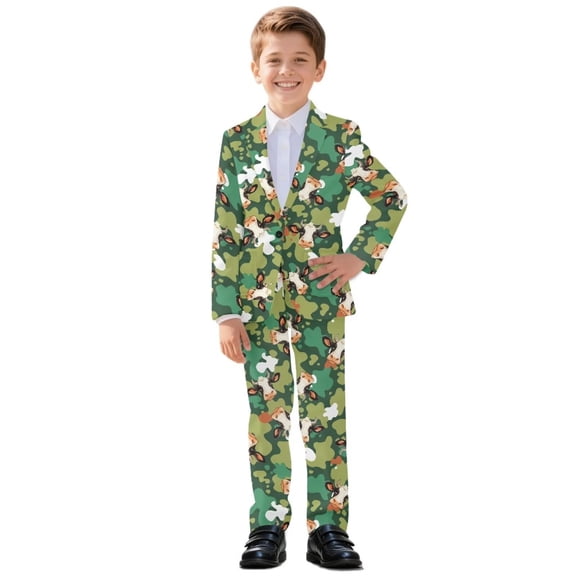 Xoenoiee Green Cow Print Boys Suit Outfit for Toddler Boy Wedding Guest Dress Clothes Kids Slim Fit Blazer Set Formal Wear, Set of 2, Size 5-6 Years