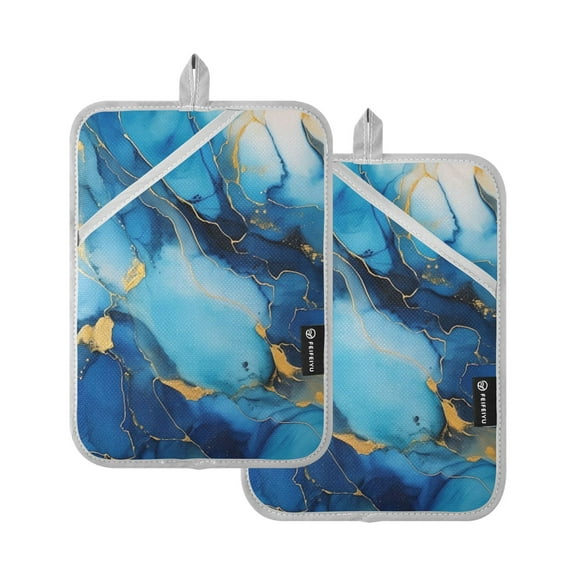 ALAZA Blue and Golden Marble Pot Holders Set of 2 Heat Resistant Kitchen Oven Mitts