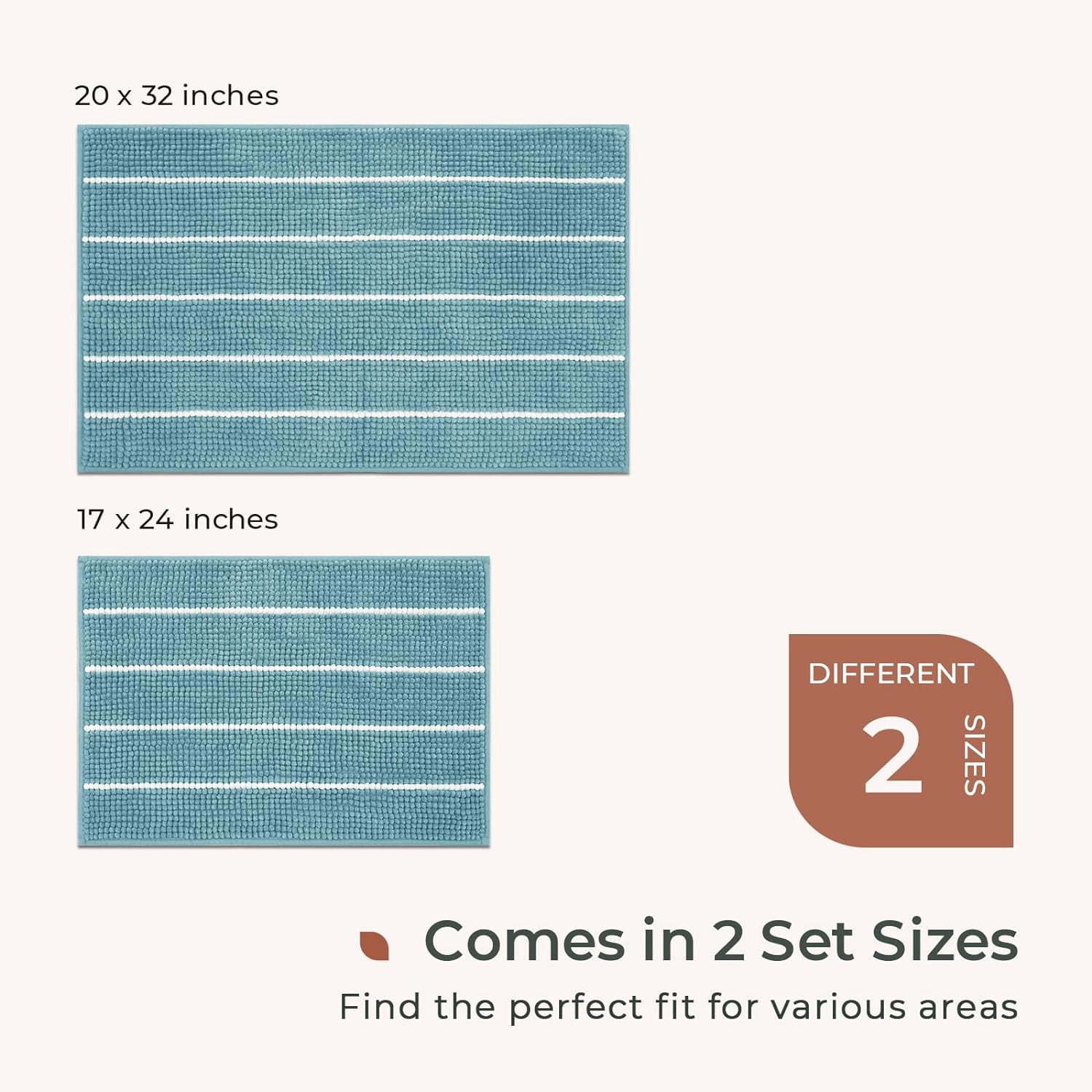 Stripe Chenille Bathroom Rugs Set 2 Piece 17"x24"+20"x32", Water Absorbent Soft Bath Mat for Bathroom, Non Slip Bath Rug Washable Quick Dry Shower Mats, Aqua Blue and White