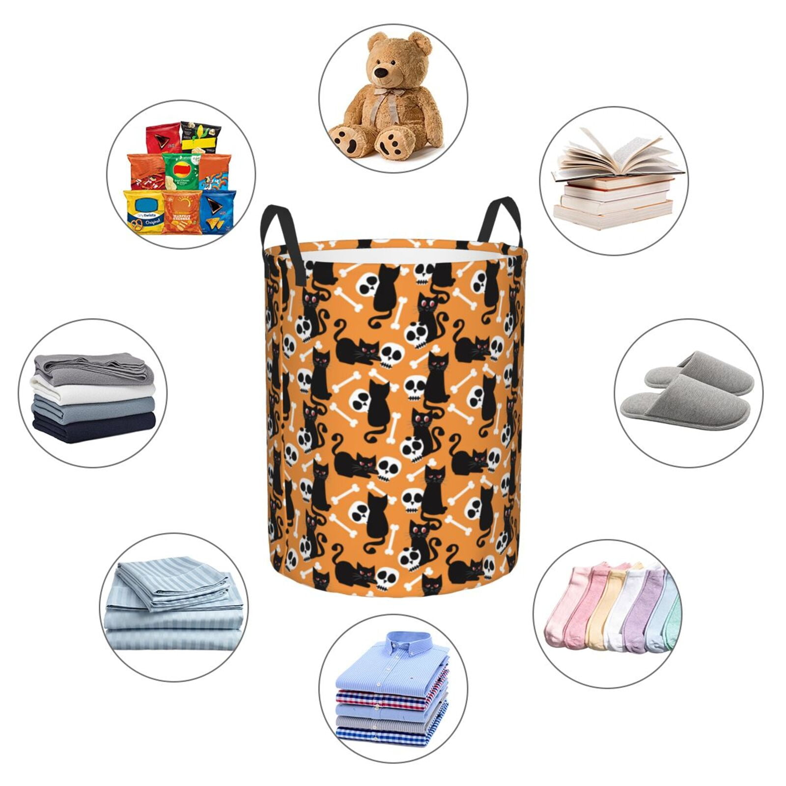 Large Laundry Basket with Handles - Cartoon Black Cat White Skull Kids Baby Dirty Clothes Laundry Hamper for Bedroom Aesthetic