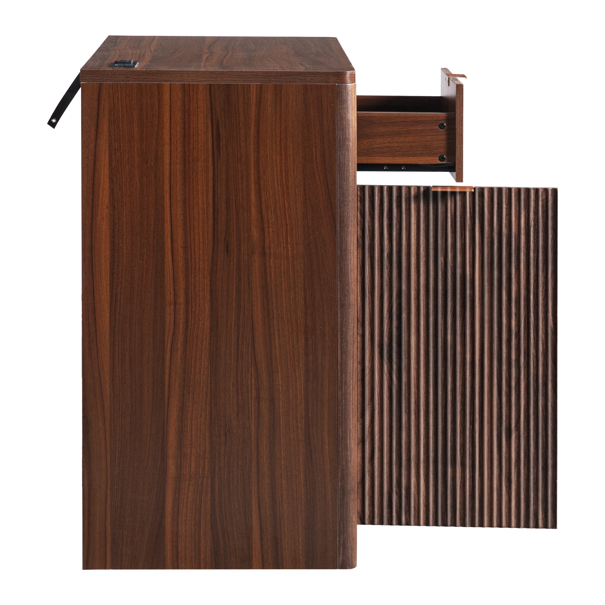 Homy Casa 39.4" Fluted Kitchen Island with Mini Fridge Space, Power Outlet and Storage, Dark Walnut