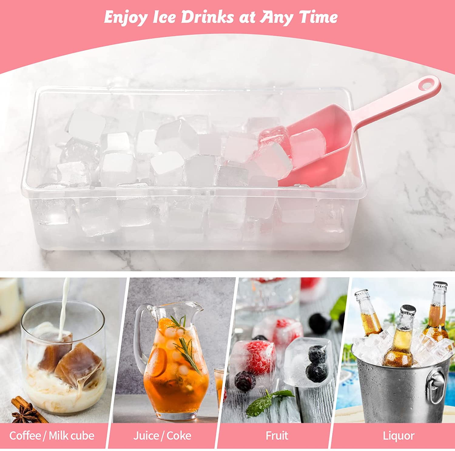 Silicone Ice Cube Tray with Leak-Proof Lid & Storage Bin for Freezer – BPA-Free 36-Piece Nugget Ice Molds, Spill-Resistant Cover & Ice Scoop Container Cover Pink