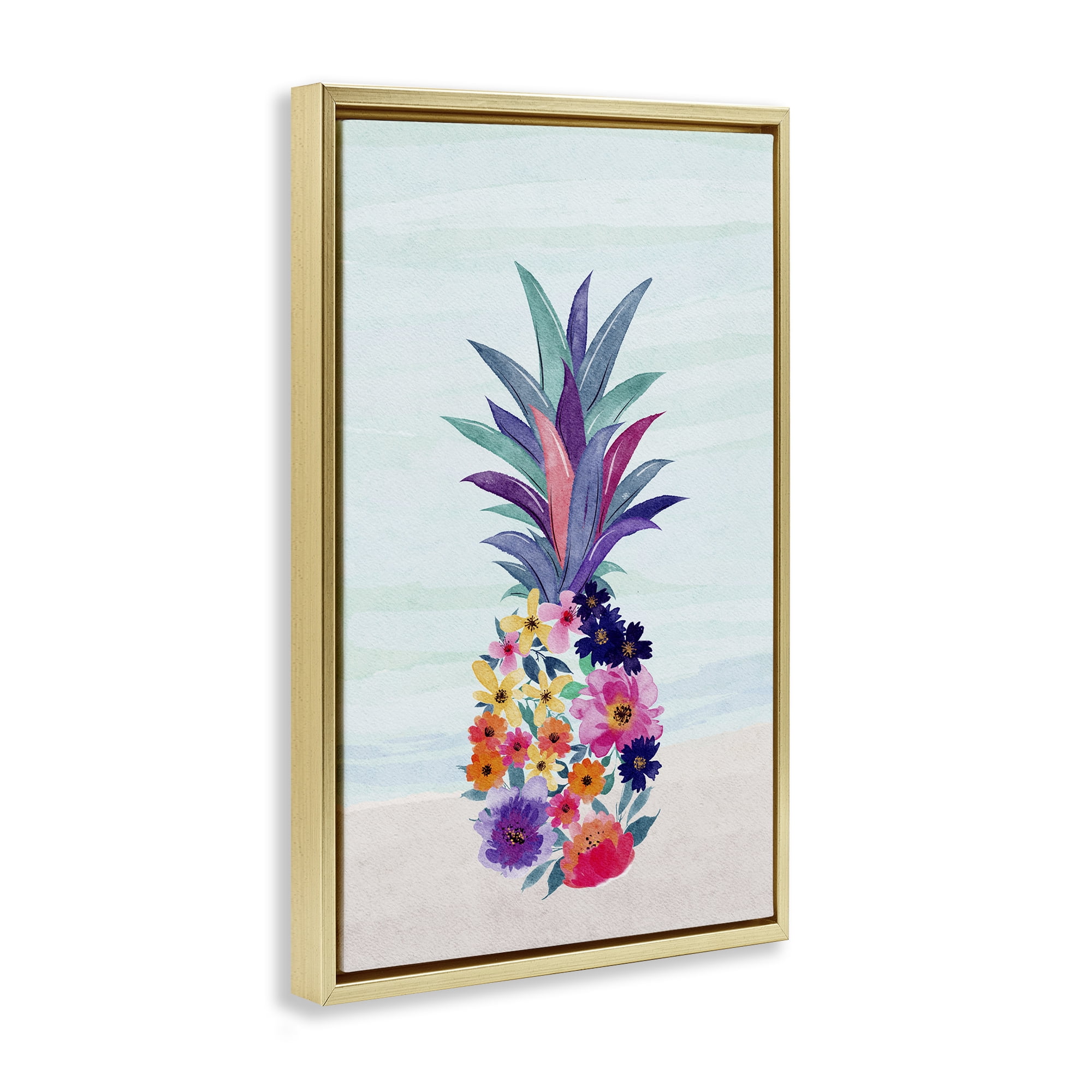 Stupell Industries Floral Pineapple Beach Plants & Flowers Painting Gold Floater Framed Canvas Art Print Wall Art, 21 x 31