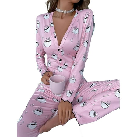 

Casual Cartoon Deep V Neck Long Sleeve Baby Pink Womens Rompers (Women s)