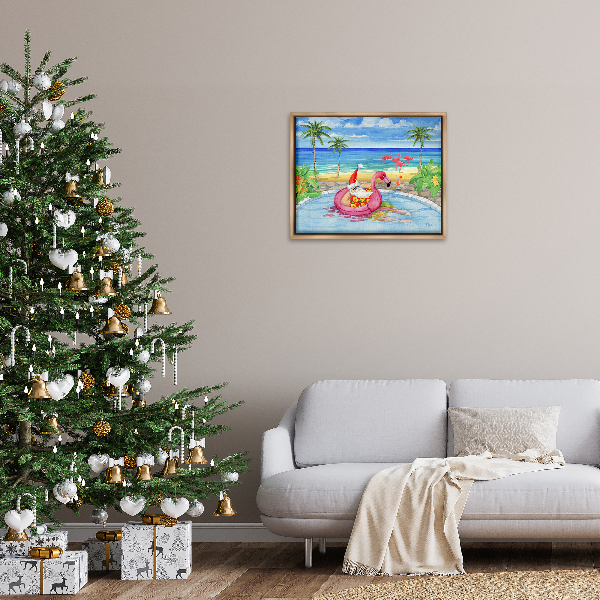 Stupell Industries Santa with Pool Float Holiday Painting Brown Floater Framed Canvas Art Prints Wall Art, 31 x 25