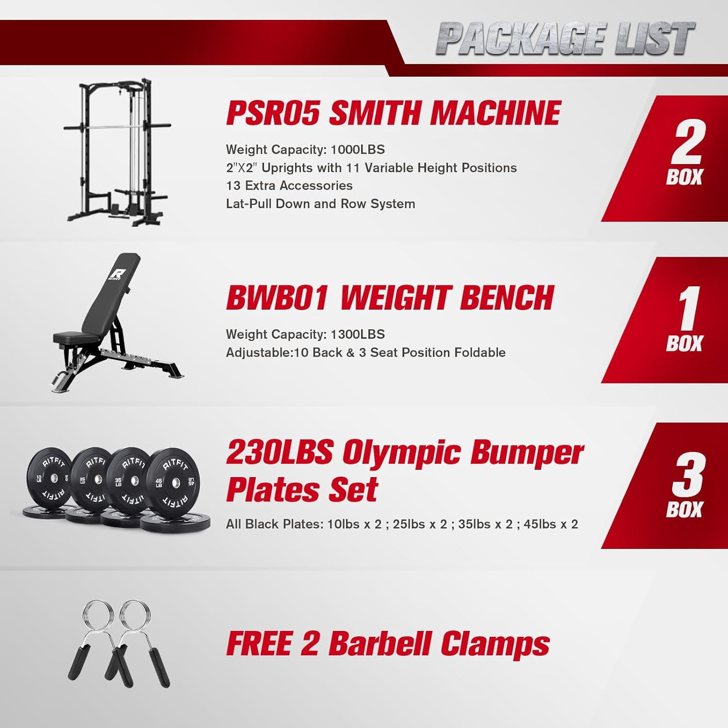 RitFit Smith Machinefor Home Gym, Power Cage Weight Half Rack Weight Lift with LAT-Pull Down System, Landmine (Smith Machine (with Weight Bench and Bumper Plates 230 LBS))