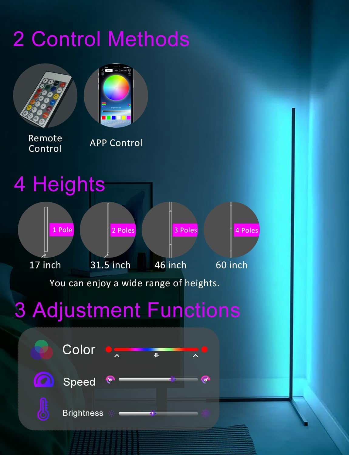Corner Floor Lamp,60” Smart RGB LED Corner Lamp with App and Remote Control, Color Changing Ambience Light with Music Sync, Easy to Install, Led Floor Lamp for Living Room Bedroom Gaming Room