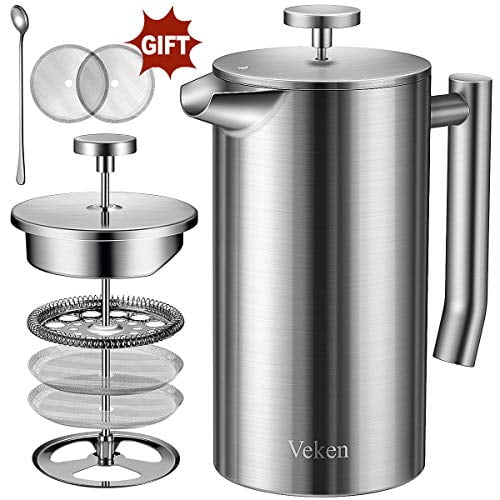 Veken French Press DoubleWall 18/10 Stainless Steel Coffee & Tea Maker, MultiScreen System, 2
