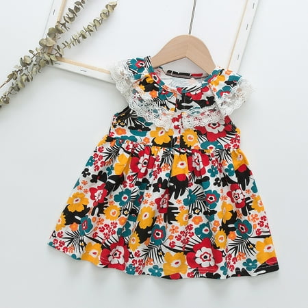 

Huilaibazo Girls Dress Toddler Kid Baby Girls Sleeveless Flower Print Lace Ruffle Princess Dress