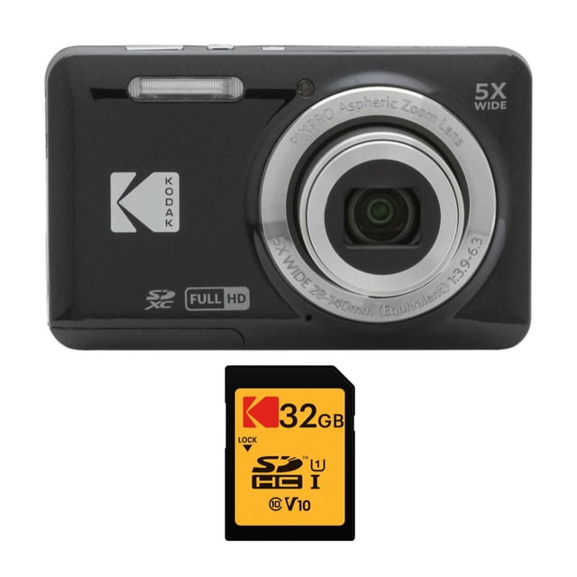 Kodak PIXPRO Cámara digital Zoom FZ55 (negro) con 32 GB Clase 10 UHS-I U1 SDHC paquete de tarjetas de memoria (2 artículos)