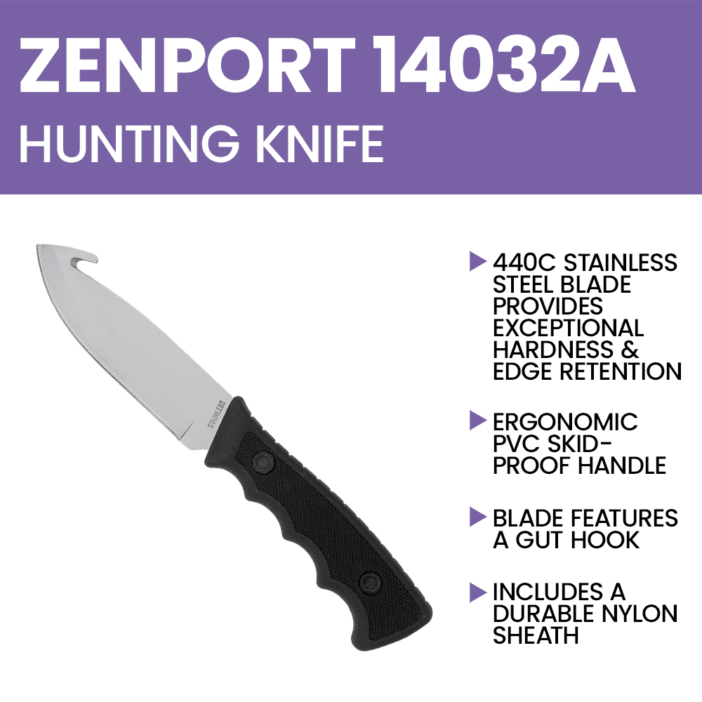 Zenport 14032A Hunting Knife with Sheath - 9-Inch, 4.2 Inch Stainless Steel Blade, Black