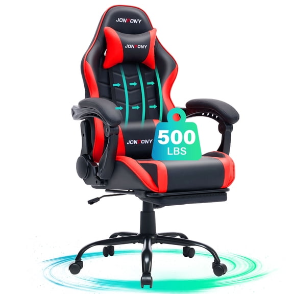 JONPONY Big & Tall Gaming Chair, Ergonomic High-Back Gamer Chair with Footrest Lumbar Support, PU Leather Office Computer Chair for Long Sitting, Red