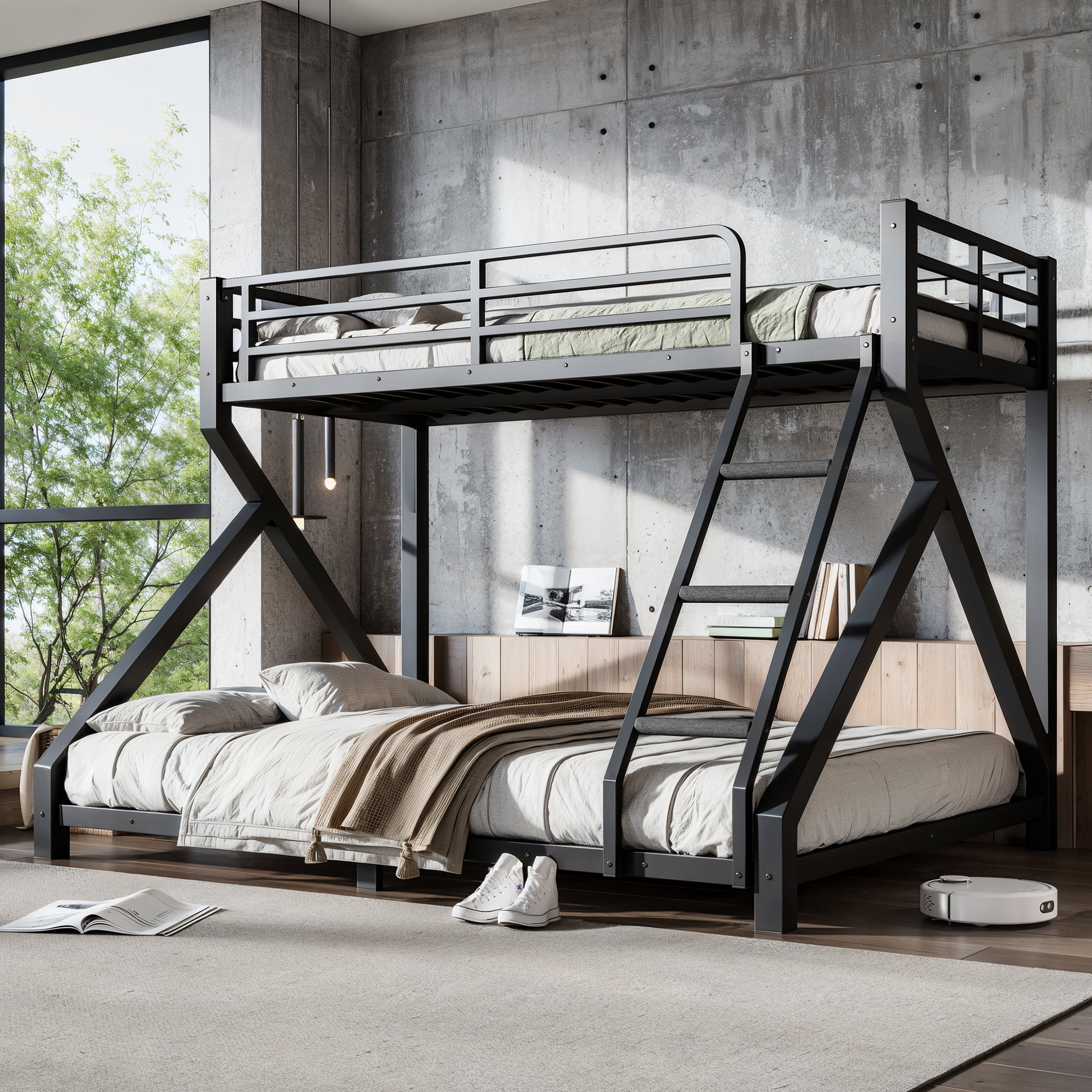 Leumius Twin XL over Queen Bunk Bed Frame with Ladders, Metal Bunk Bed with Full Upgraded Support Slats, Low Profile Bunk Bed for Teens Adults Black