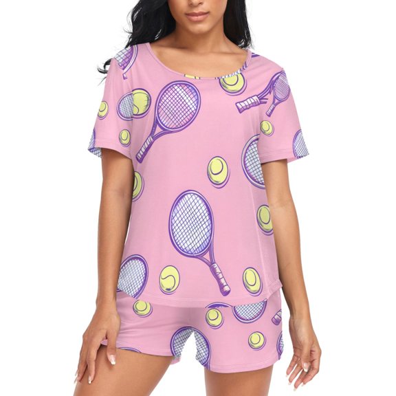 joogoo Women's Pajama Set Tennis Racket Ball on Pink Short Sleepwear Loungewear with Pockets M