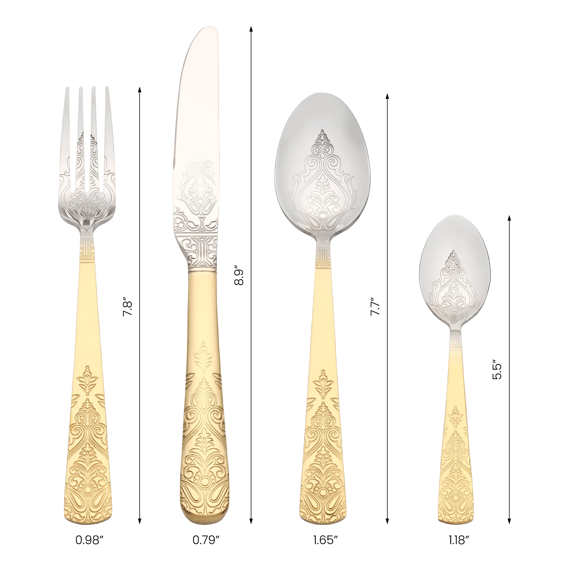 Unique Bargains Stylish and Durable Stainless Steel Floral Flatware Set Gold/Silver 4pcs