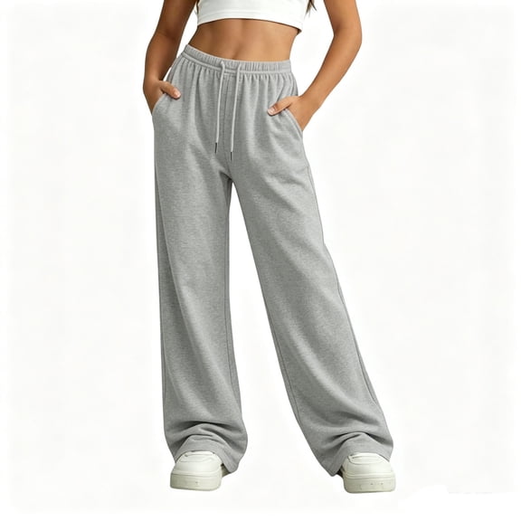 Hurxie Girls Sweatpants Kids Wide Leg Baggy Athletic Sweat Pants Youth Elastic Waist Casual Joggers with Pocket Gray,9-10Years