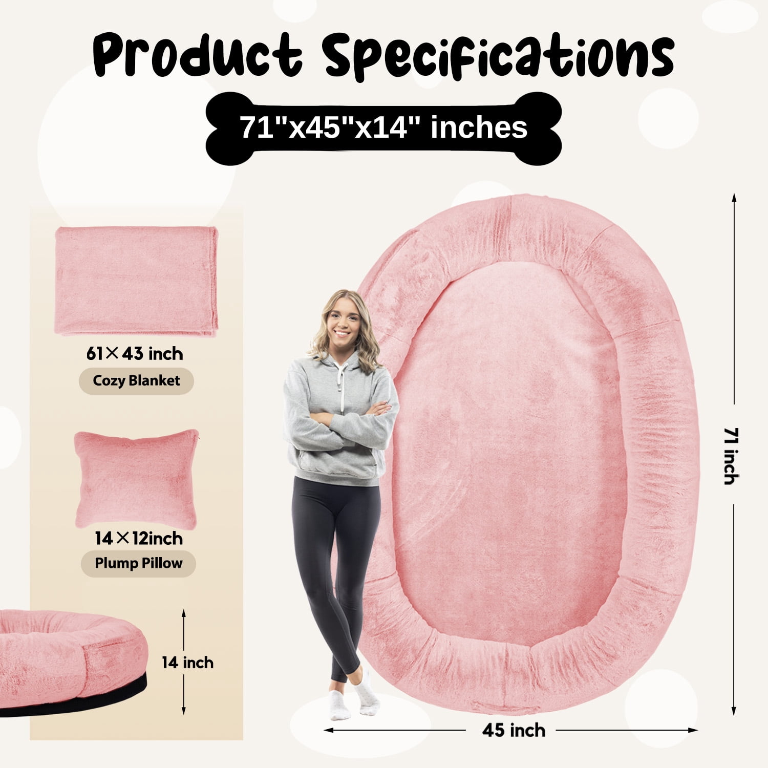 Human Dog Bed for Pets and Adults, 71"x45"x14" Human Size Giant Dog Pets Bed, Washable Faux Fur Cover for Humans with Blanket and Pillow,Pink