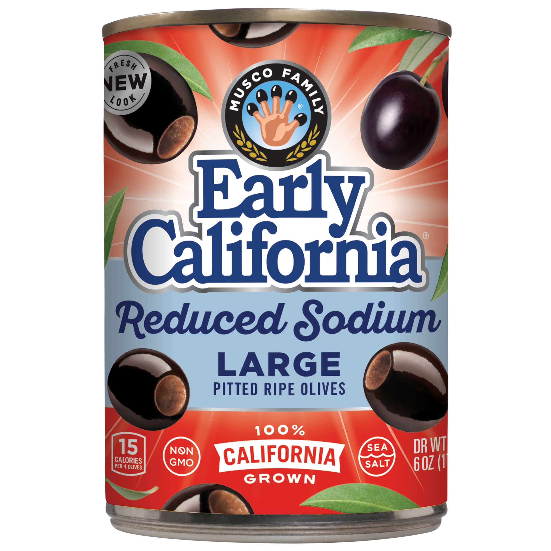 Musco Family Olive Co. Early California Reduced Sodium Large Pitted California Ripe Olives, 6 oz