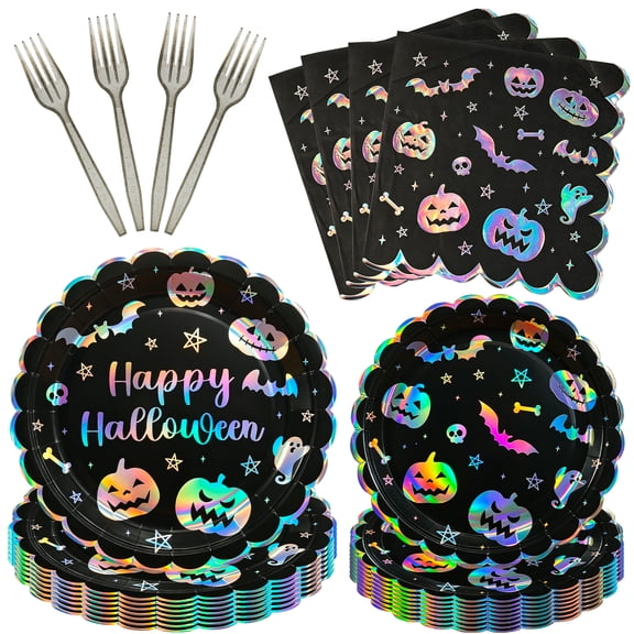 Halloween Paper Plates and Napkins Set for 24 Guests, 96PCS Holographic Disposable Tableware, 9" & 7" Plates, Napkins and Black Forks, Pumpkin Bat Ghost Skull, Halloween Party Supplies