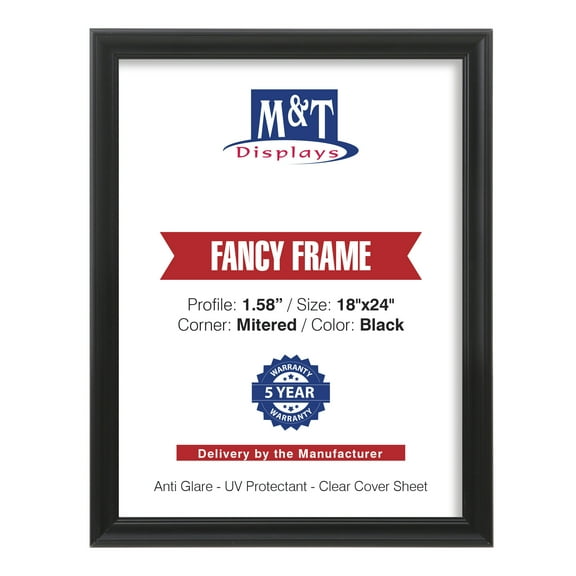 M&T Displays Fancy Snap Poster Frame 18x24 Inch Black 1.58" Aluminum Profile Front Loading Wall Mounting Photo Picture Document Certificate Sign Holder Mitered Corner Anti Glare Cover