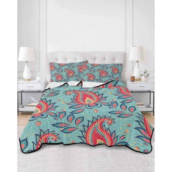 Quilts Full Size, Red Teal Boho Botanical Soft Comforter Bedding Set for Bed, Southwestern Retro Ethnic Tribal Lightweight Quilted Bedspread with Pillow Cover(2 Pieces) for All Season, 78x90 Inch