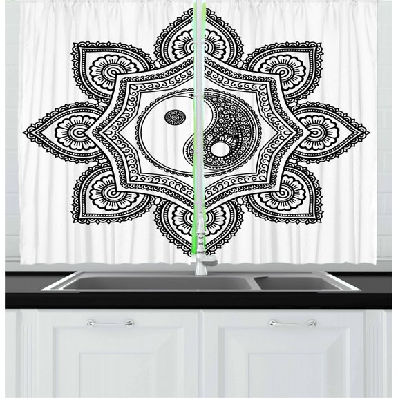 Ambesonne Black and White Kitchen Curtains, Mandala, 55"x39", Black and White