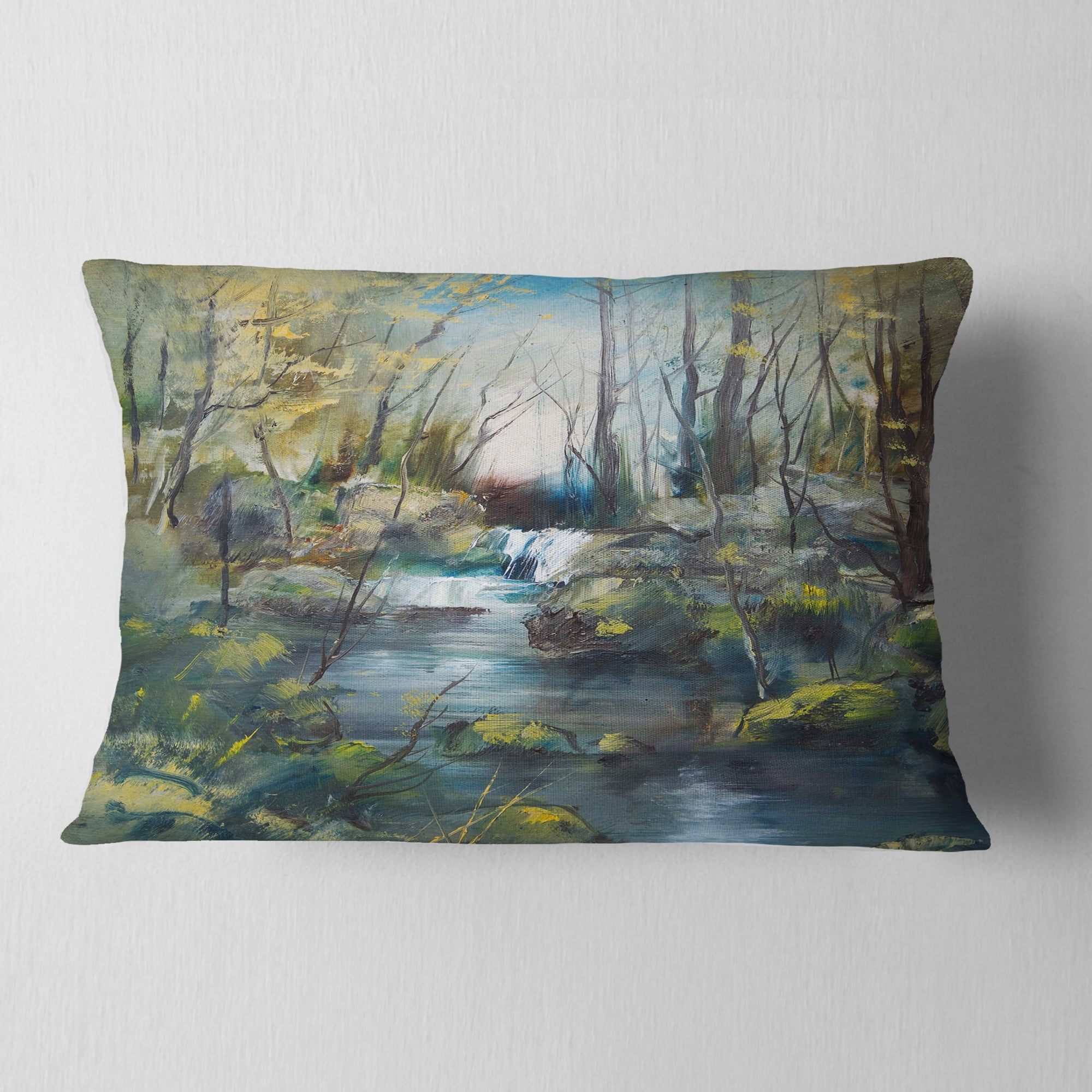 Designart Brook and Rocks Oil Painting - Landscape Painting Throw Pillow - 12x20