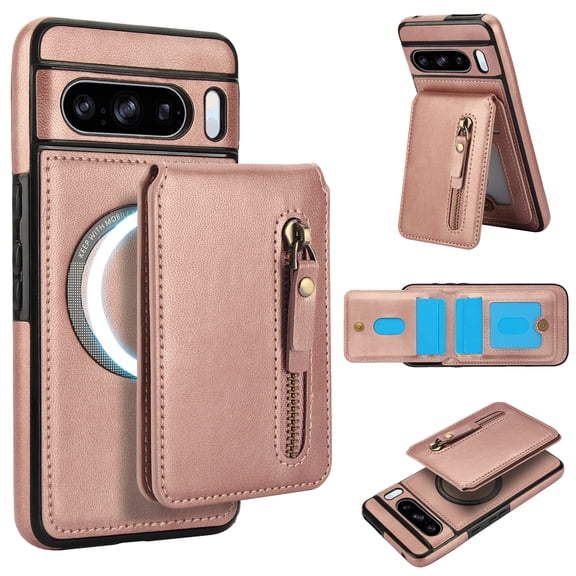 Compatible with Magsafe 2 in 1 Detachable for Google Pixel 9A Wallet Case with Card Holder Women Men,Magnetic PU Leather RFID Blocking Back Flip Stand Zipper Slot Shockproof Cover, Rosegold