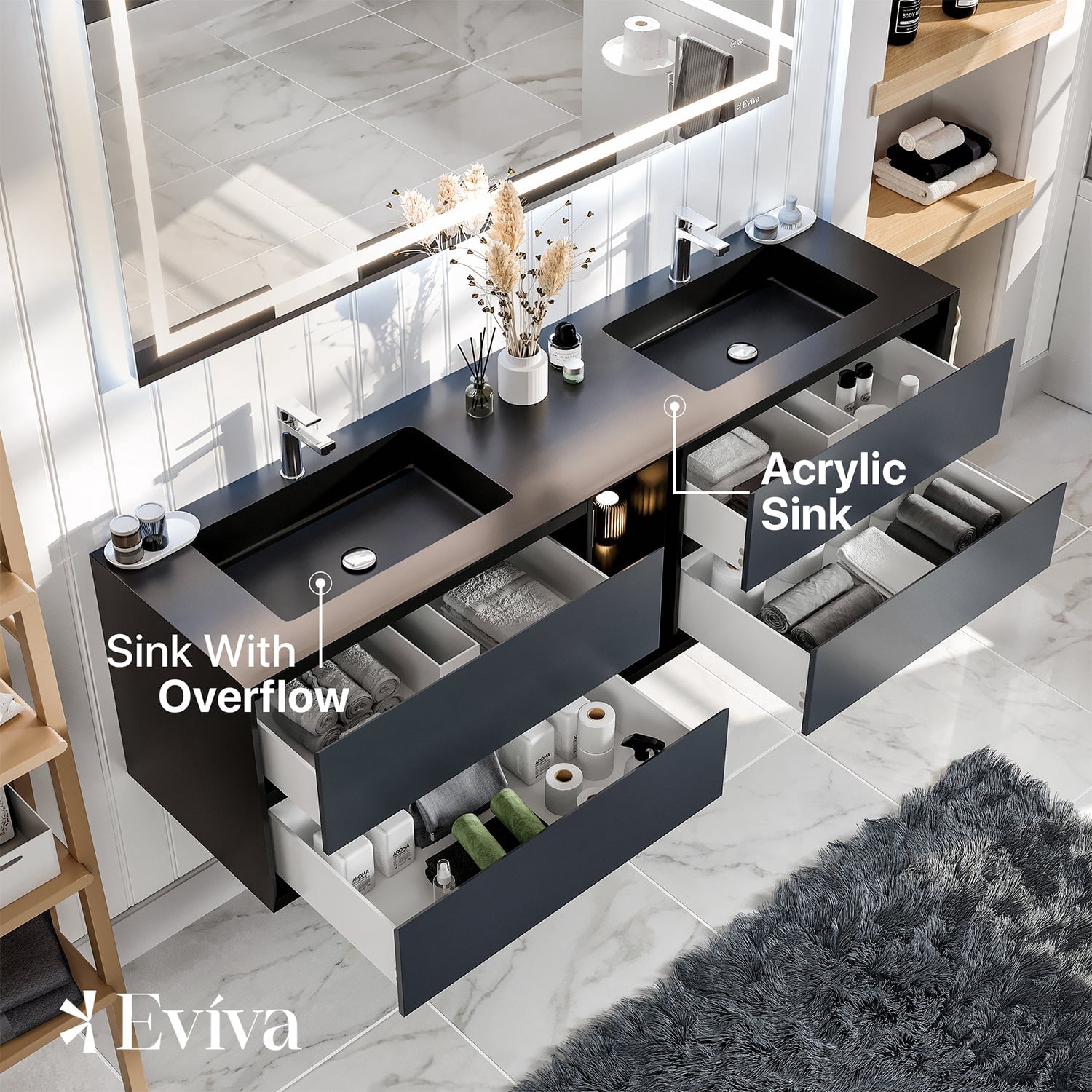 Eviva Vienna 75 inch Gray Black Wall Mount Bathroom Vanity with White Integrated Acrylic Sinks