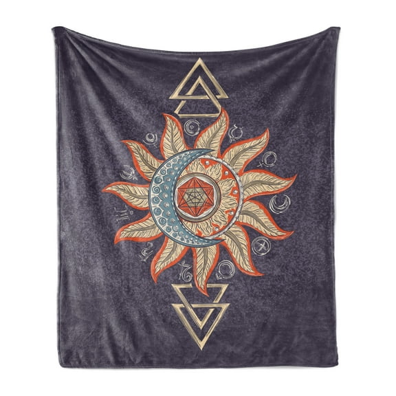 Occult Soft Flannel Fleece Throw Blanket, Mysterious Alchemy with Ornamented Crescent Sun and Interwoven Triangles, Cozy Plush for Indoor and Outdoor Use, 50" x 60", Multicolor, by Ambesonne