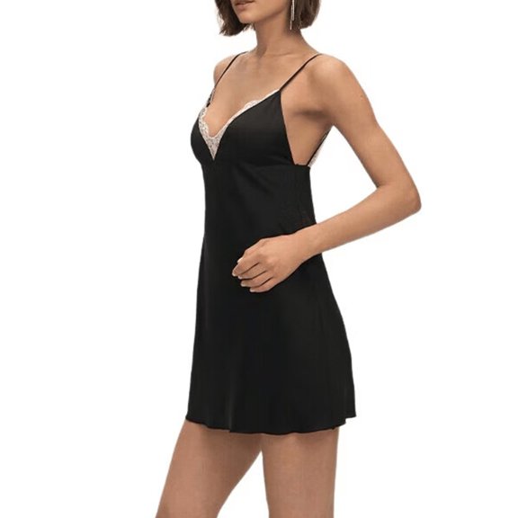 Women'S Lace Trim V-Neck Satin Camis Slip Dress Non-Stretch Sleepwear Nightgown Black S
