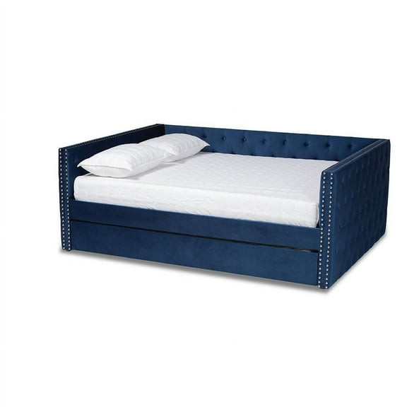 Baxton Studio Larkin Modern and Contemporary Navy Blue Velvet Fabric Upholstered Queen Size Daybed with Trundle